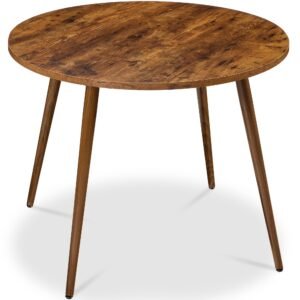 Round Mid-Century Modern 35.5in Dining Table. Dinette for Home or Kitchen w/Wood Finish Steel Legs