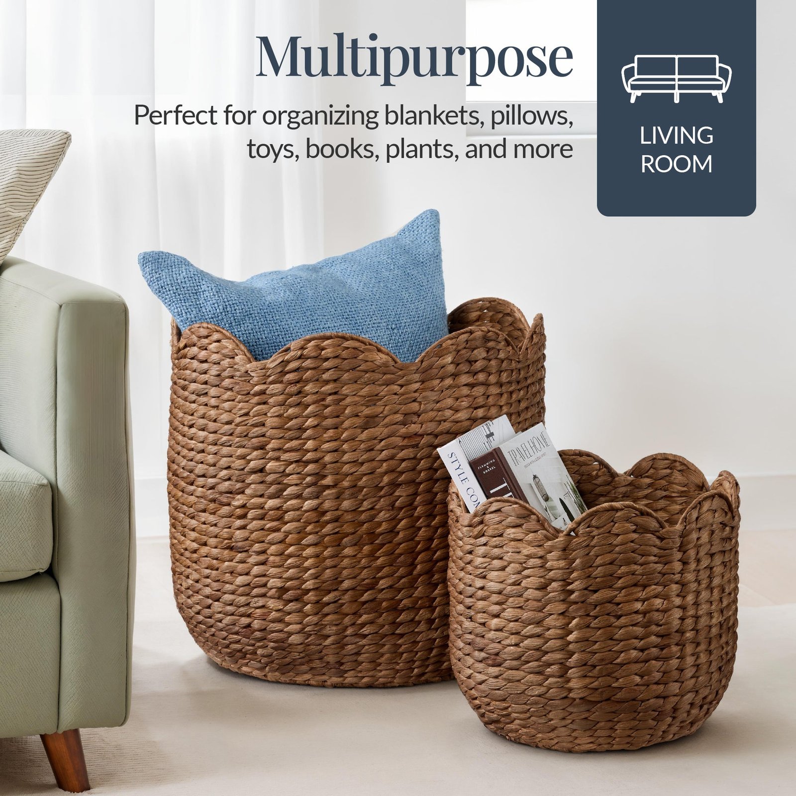 Scalloped 3PC Water Hyacinth Nesting Baskets - Image 3