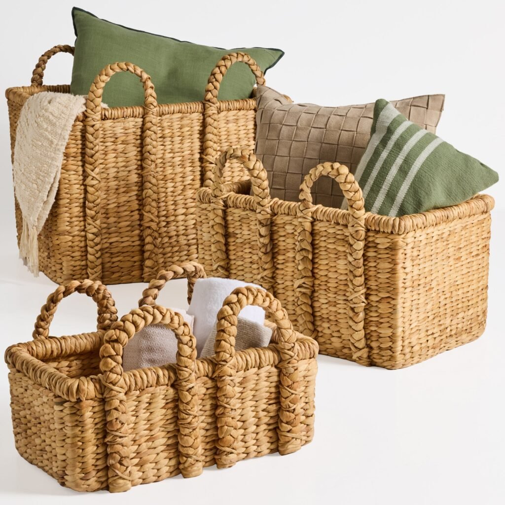 3Pc Shelf Baskets. Small. Large & XL Chunky Woven Baskets w/ Braided Handles
