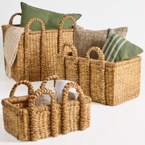 3Pc Shelf Baskets. Small. Large & XL Chunky Woven Baskets w/ Braided Handles