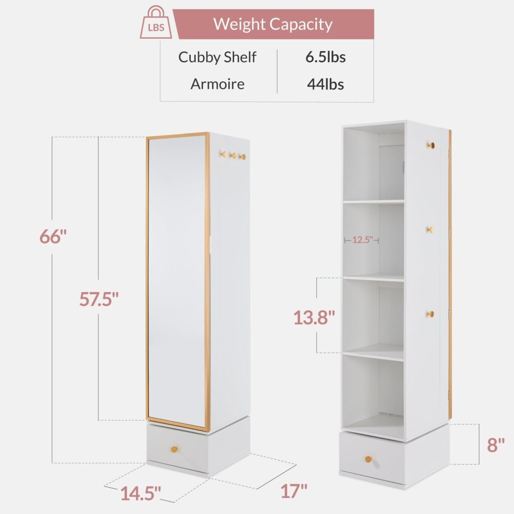 Rotating Mirror w/ Storage Cabinet. Swivel Jewelry Armoire. Shelves. Hooks