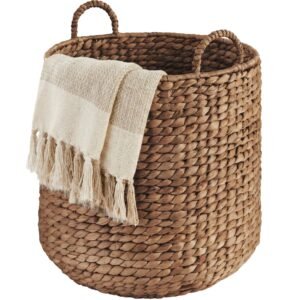 Round Storage Basket w/ Handles. Handwoven Water Hyacinth Tote