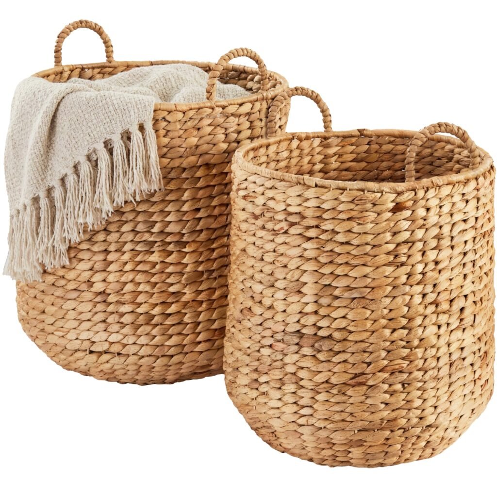 2-Piece Round Nesting Baskets W/Handles. Hyacinth Plant Holder & Storage Bin