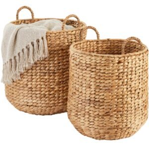2-Piece Round Nesting Baskets W/Handles. Hyacinth Plant Holder & Storage Bin