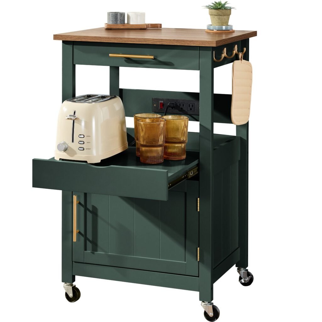 Rolling Kitchen Island Cart. Cabinet W/ Drawer. Sliding Tray. Outlet. Wheels