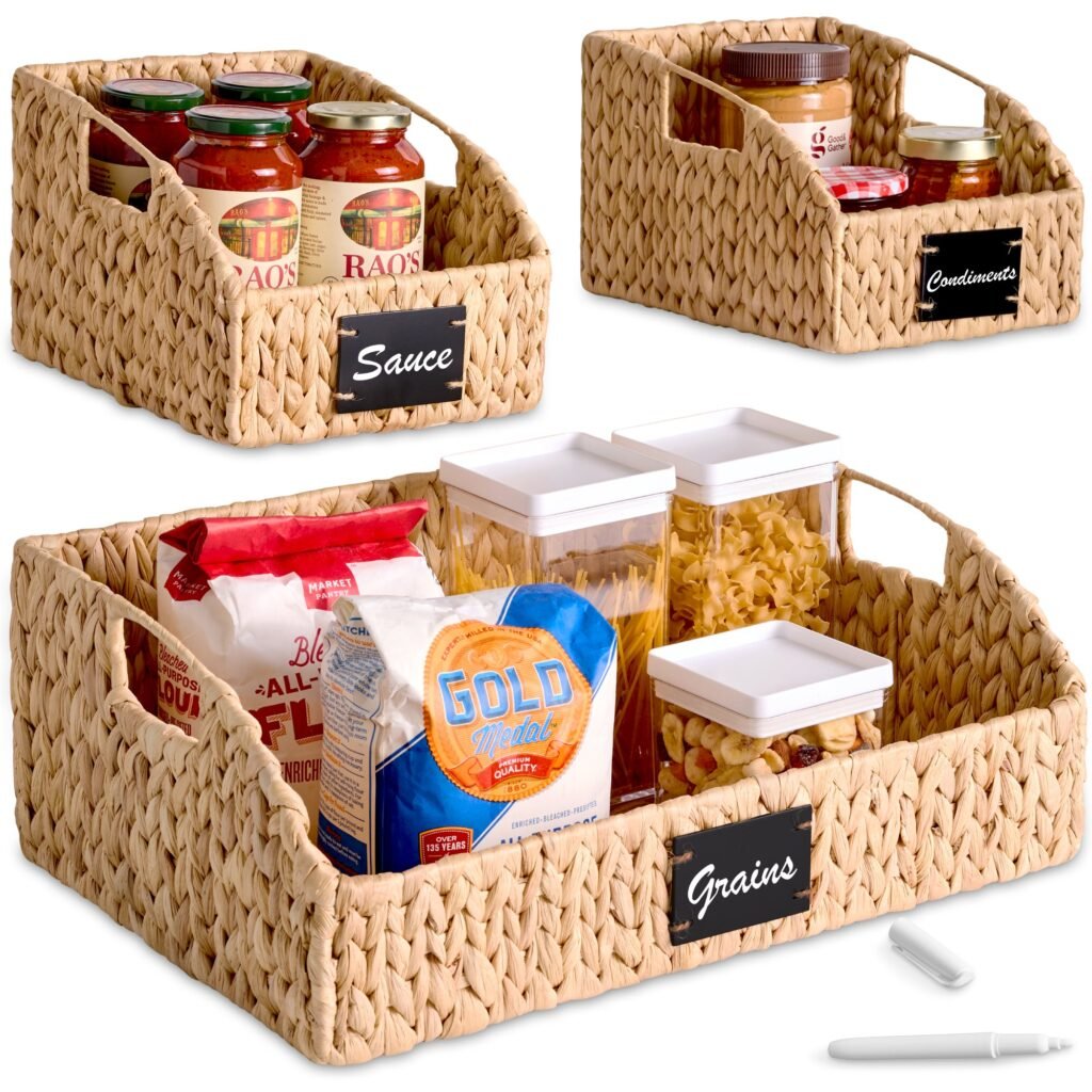 Water Hyacinth Pantry Storage Baskets. Wicker Baskets w/ Built-in Handles