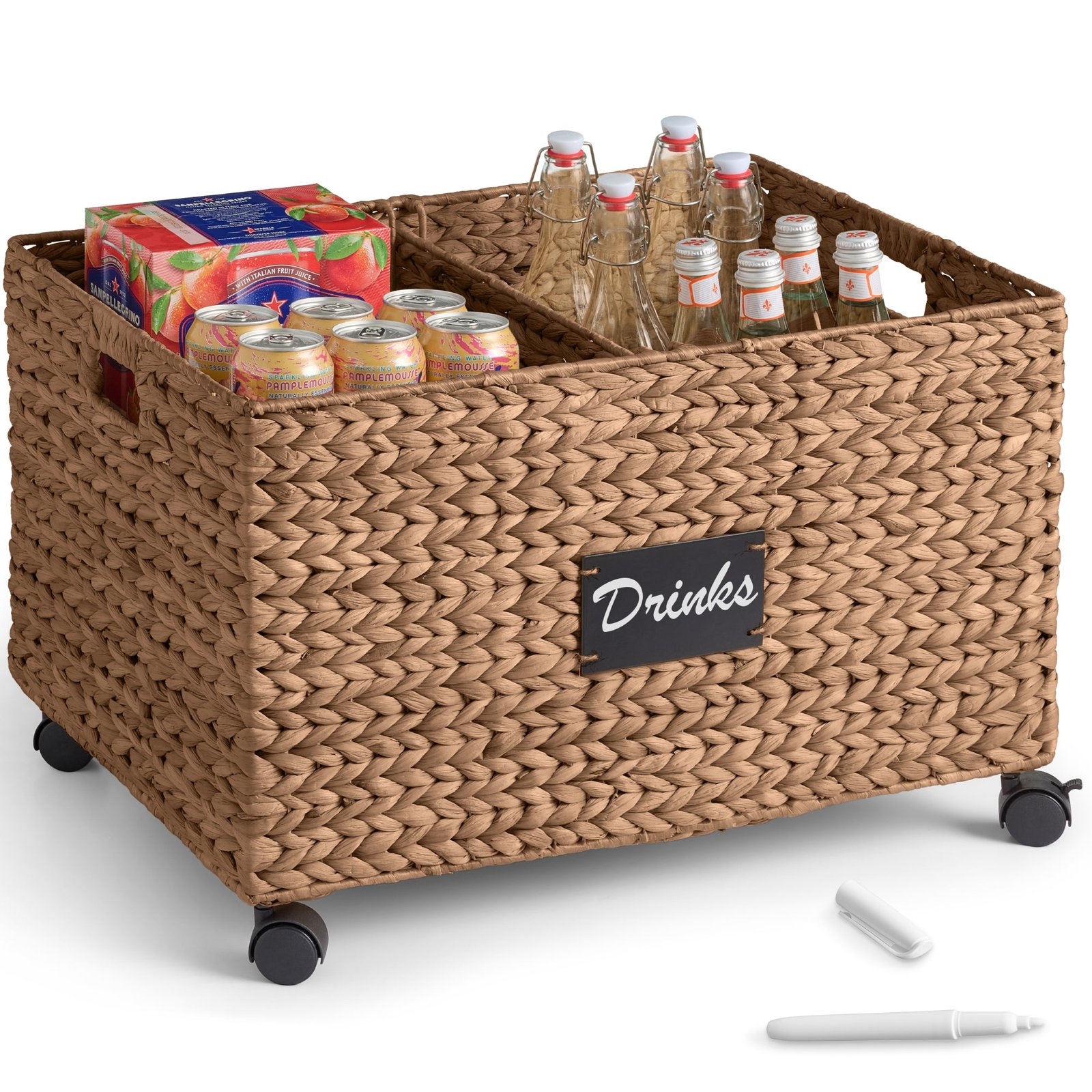 Rolling Pantry Storage Basket Organizer W/ Chalkboard Label. Handles. Removable Divider - Chestnut