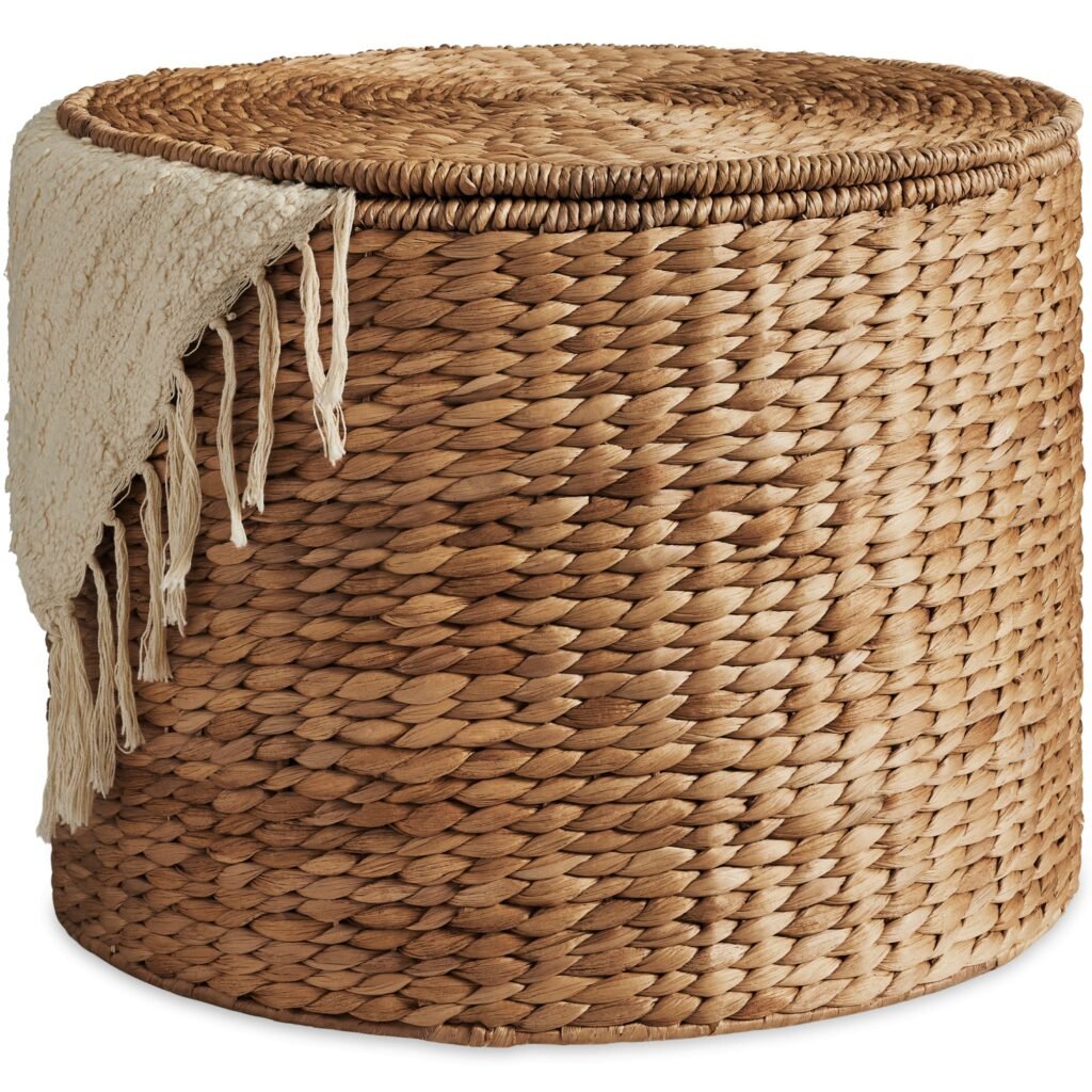 Large Round Storage Ottoman W/ Lid. Handwoven Water Hyacinth Footstool