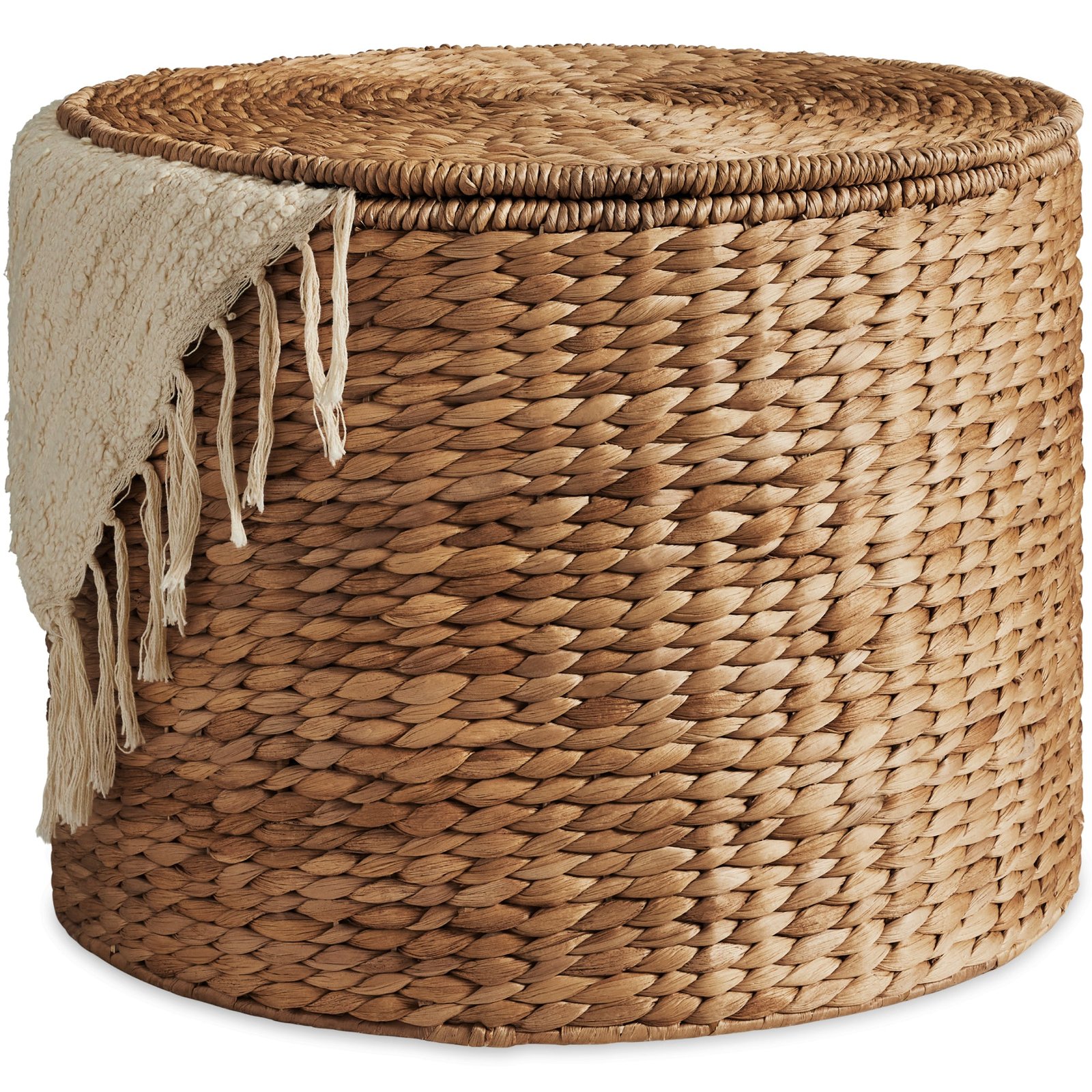 Large Round Storage Ottoman W/ Lid. Handwoven Water Hyacinth Footstool