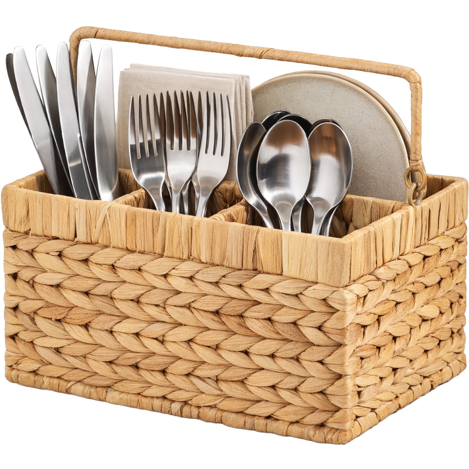 Utensil Caddy w/Handle - 4 Compartments. Woven Wicker Flatware Organizer