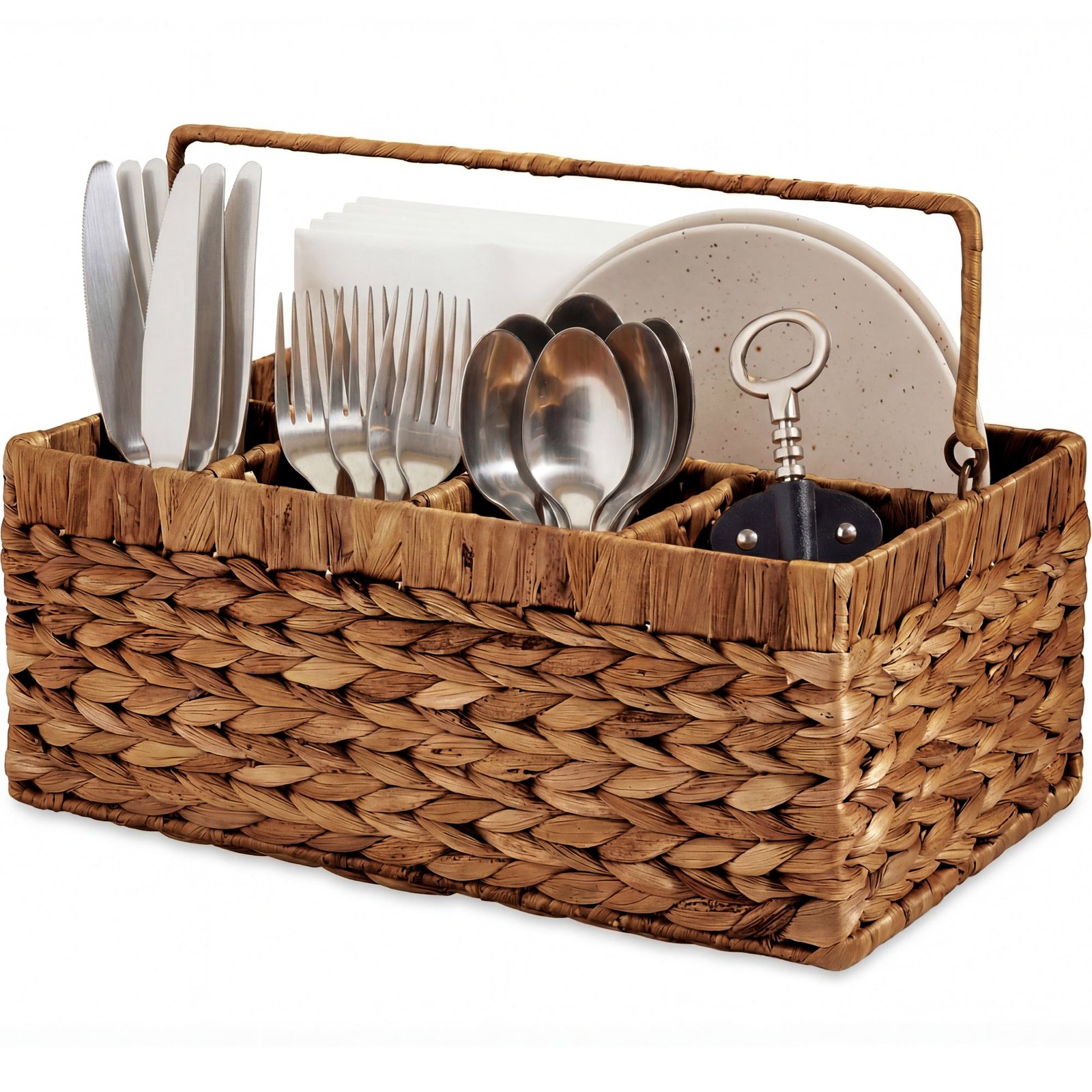 Utensil Caddy w/Handle - 5 Compartments. Woven Wicker Flatware Organizer
