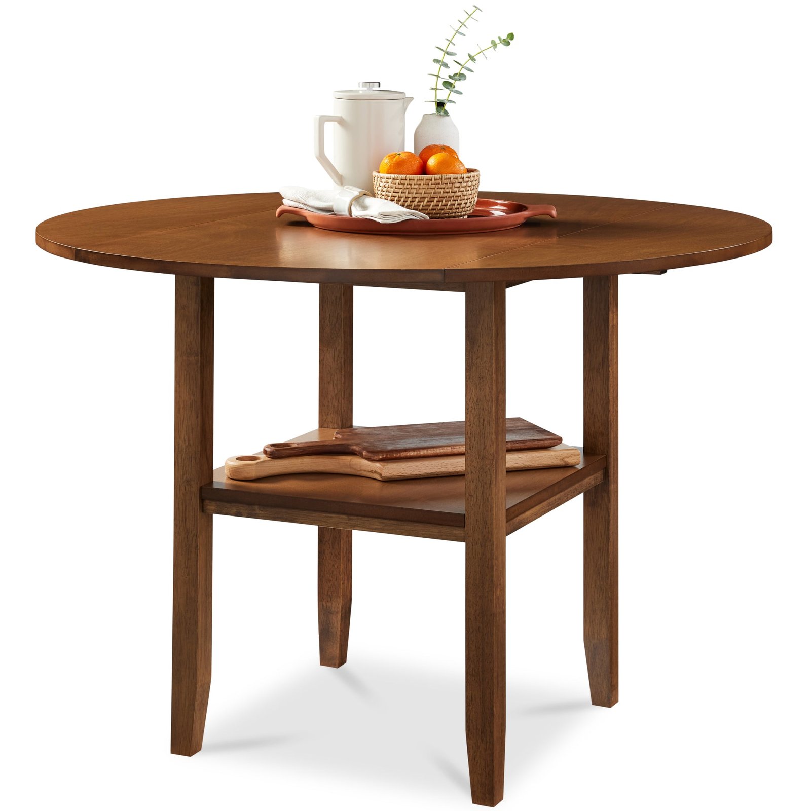 42 Round Drop Leaf Dining Table For 4. Solid Wood Table W/ Storage Shelf