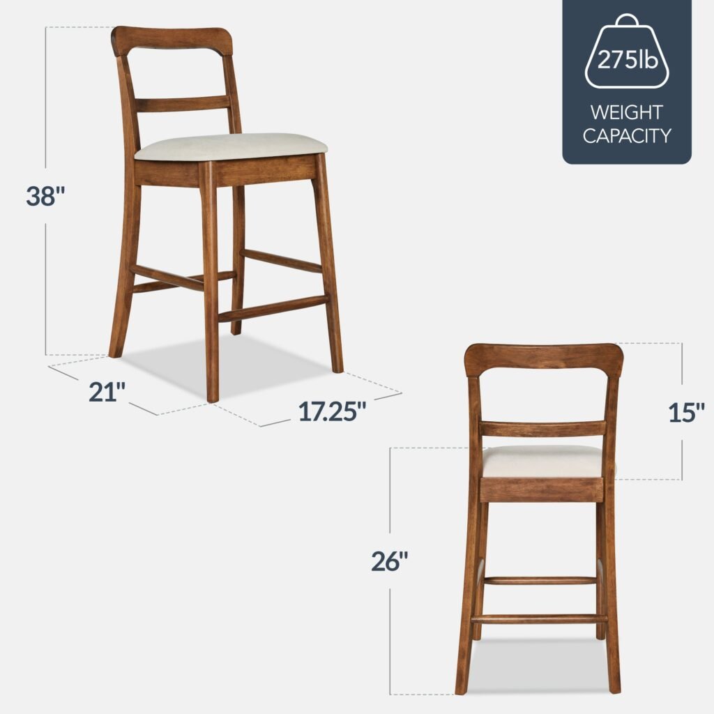 26 Counter-Height Farmhouse Wood Stools w/ Cushion & Backrest. Set of 2