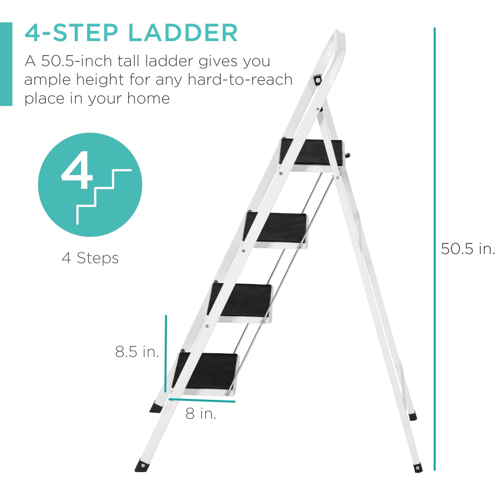 Folding Steel 4-Step Ladder w/ Hand Rail. Wide Steps. 330lbs Capacity