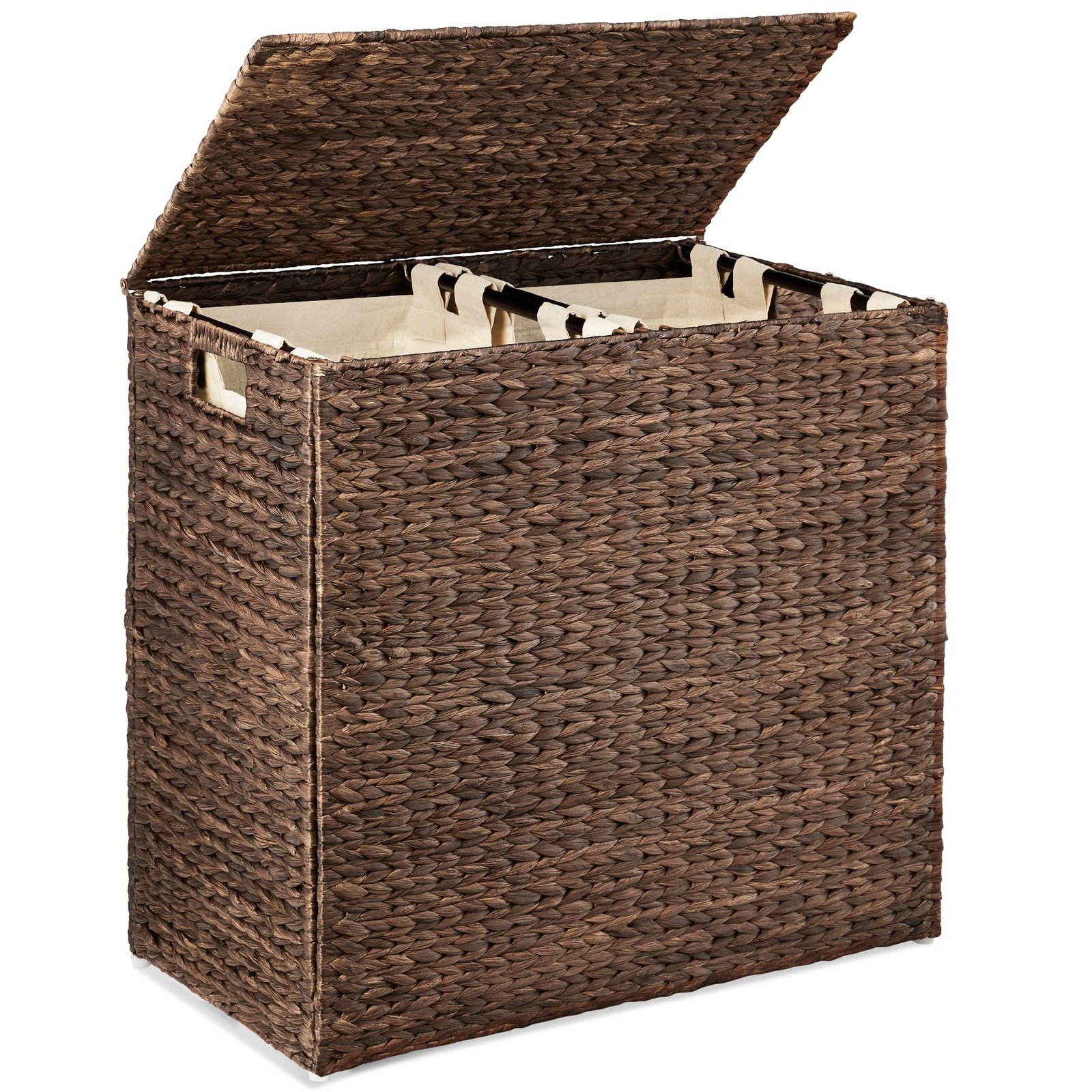 Large Water Hyacinth Double Laundry Hamper Basket w/ 2 Liner Bags