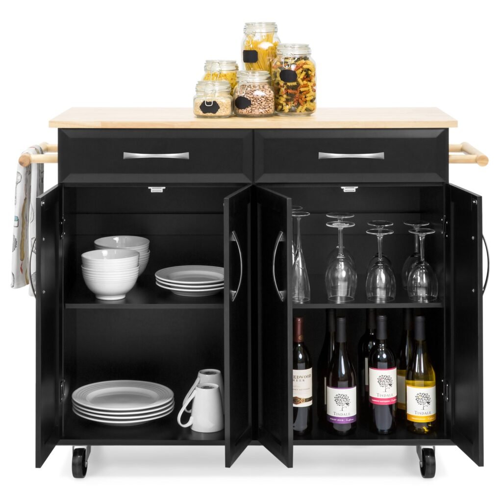 Utility Kitchen Cart w/ Storage Cabinets. Handles. Cutting Board