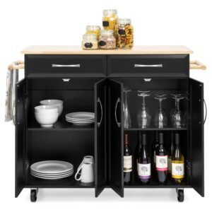 Utility Kitchen Cart w/ Storage Cabinets. Handles. Cutting Board