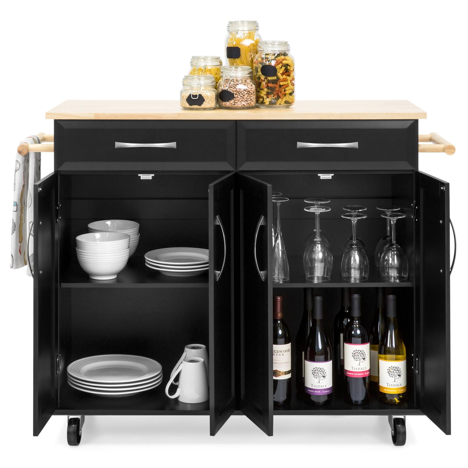Utility Kitchen Cart w/ Storage Cabinets. Handles. Cutting Board