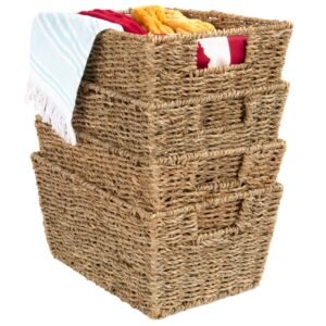 Set of 4 Seagrass Storage Tote Baskets. Laundry Organizer w/ Insert Handles