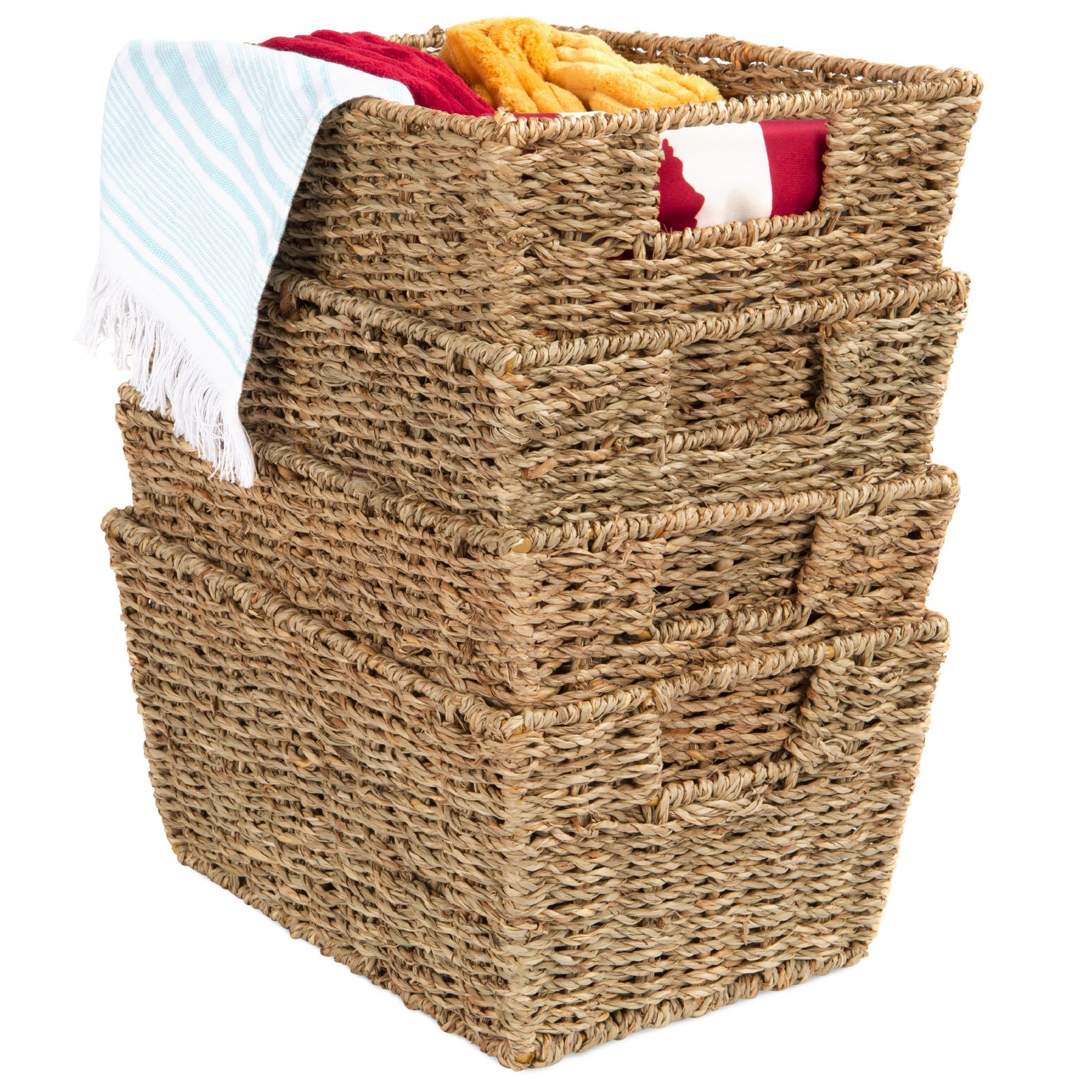 Set of 4 Seagrass Storage Tote Baskets. Laundry Organizer w/ Insert Handles