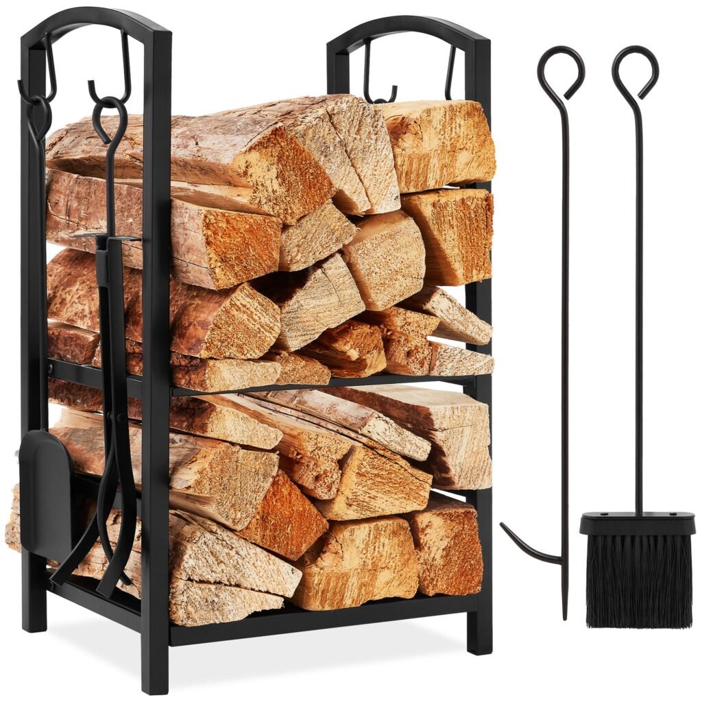 5-Piece Firewood Log Rack Holder Tools Set w/ Hook. Broom. Shovel. Tongs