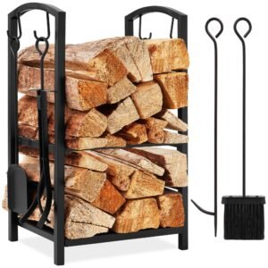 5-Piece Firewood Log Rack Holder Tools Set w/ Hook. Broom. Shovel. Tongs