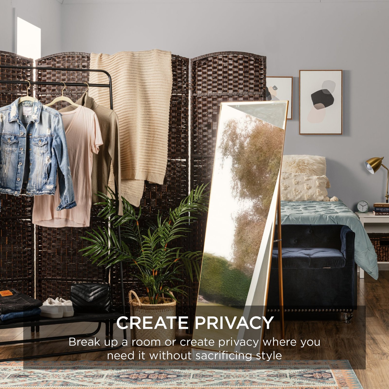 6ft Tall Room Divider. 6-Panel Diamond Weave Folding Privacy Screen