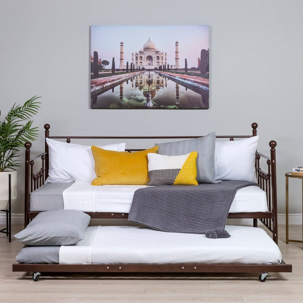 Twin Sized Metal Lounge Daybed Frame w/ Trundle. Finials