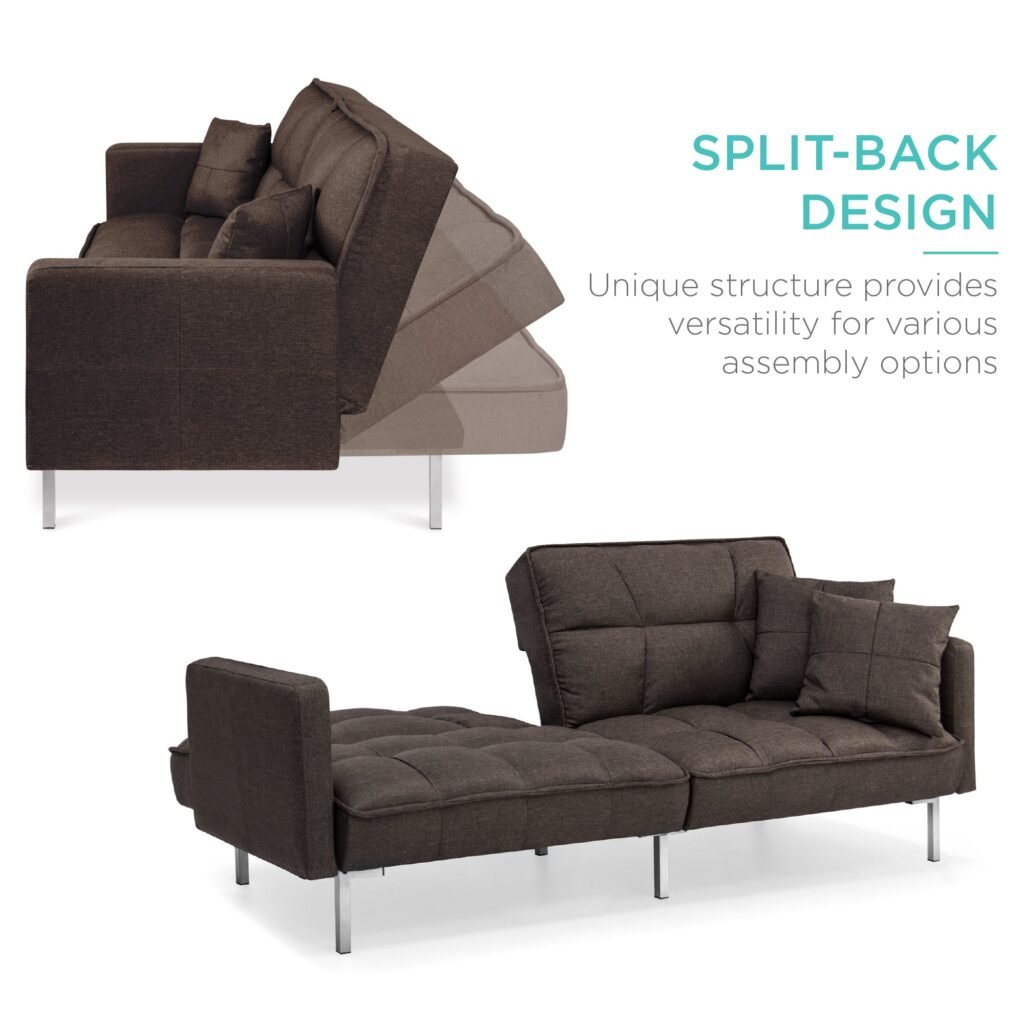 Convertible Linen Tufted Futon w/ 2 Plush Pillows. Split-Back Design