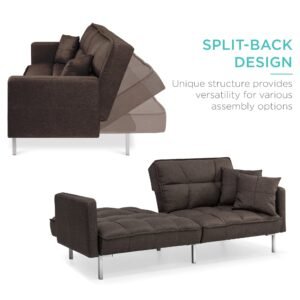 Convertible Linen Tufted Futon w/ 2 Plush Pillows. Split-Back Design