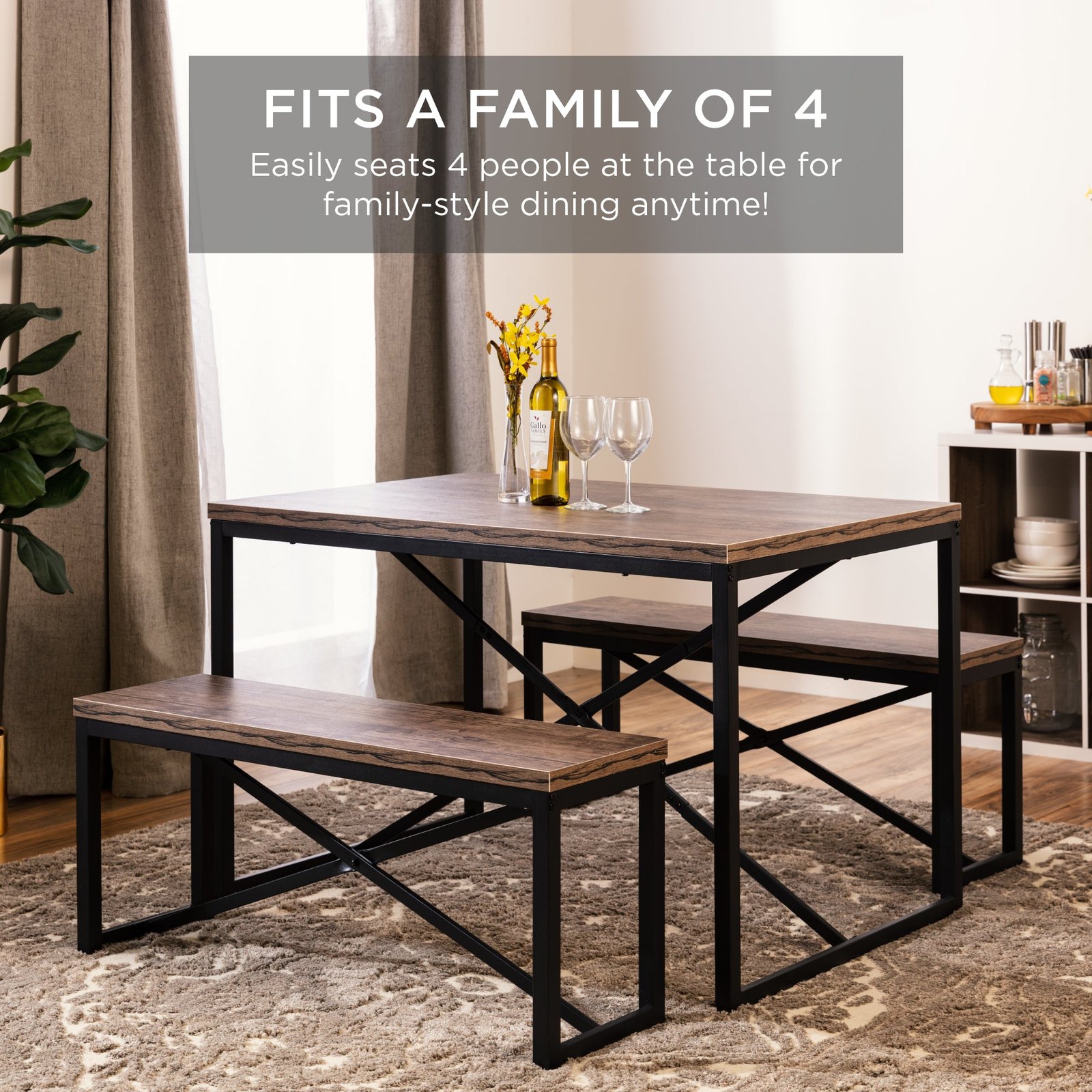 3-Piece Bench Style Dining Furniture Set w/ 2 Benches. Table - 45.5in