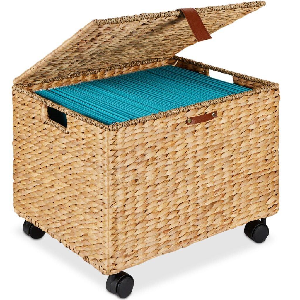 Mobile Water Hyacinth Rolling Filing Cabinet Storage Basket w/ Lid. Wheels