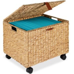 Mobile Water Hyacinth Rolling Filing Cabinet Storage Basket w/ Lid. Wheels