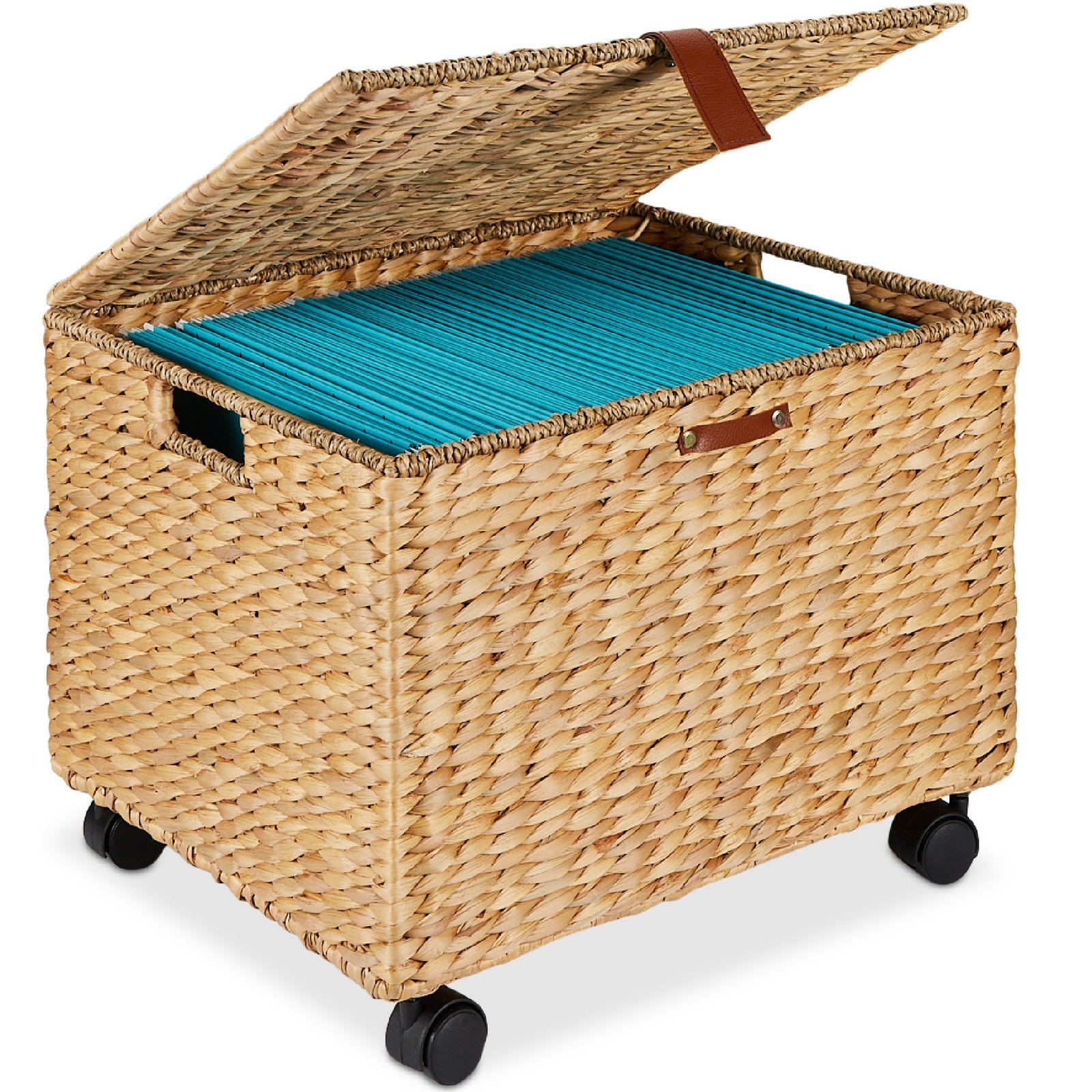 Mobile Water Hyacinth Rolling Filing Cabinet Storage Basket w/ Lid. Wheels