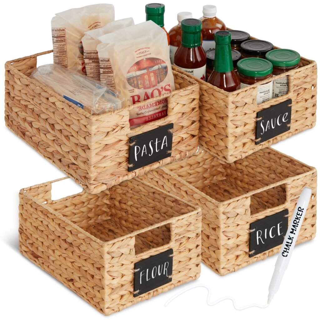 Set of 4 Water Hyacinth Pantry Baskets w/ Chalkboard. Marker - 12in