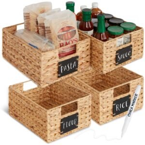 Set of 4 Water Hyacinth Pantry Baskets w/ Chalkboard. Marker - 12in