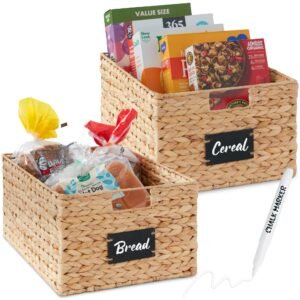 Set of 2 Water Hyacinth Pantry Baskets w/ Chalkboard. Marker - 16in