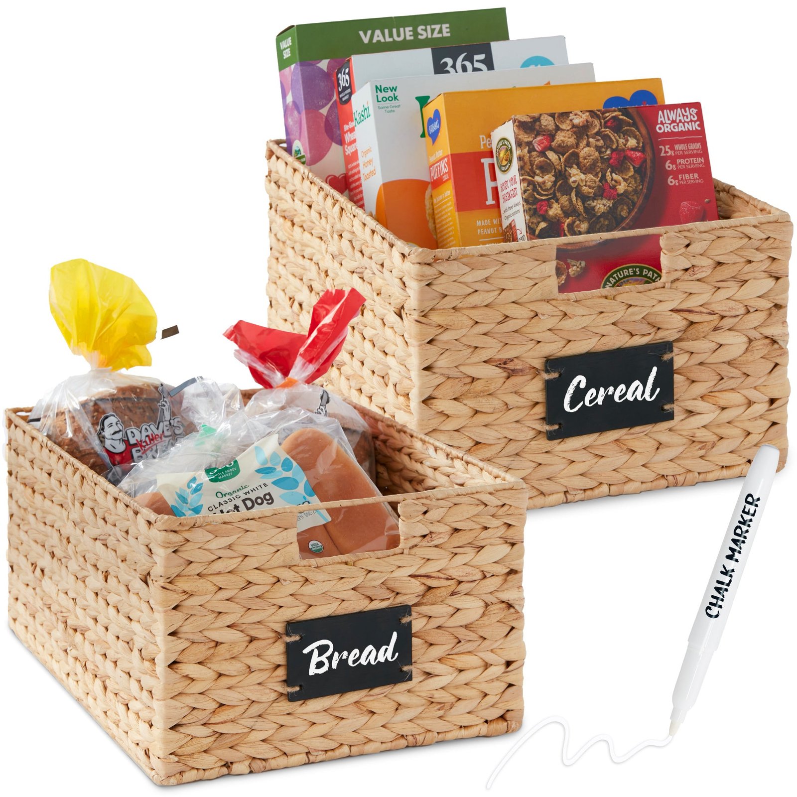 Set of 2 Water Hyacinth Pantry Baskets w/ Chalkboard. Marker - 16in