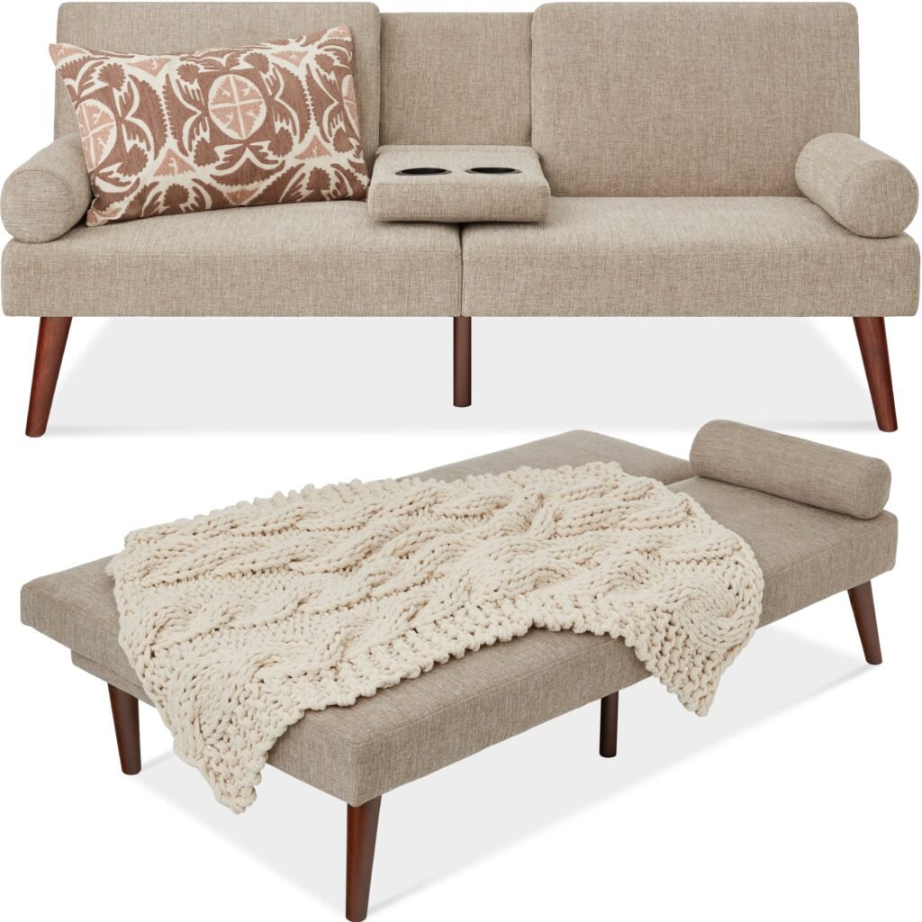 Fabric Upholstered Convertible Futon w/ Rounded Armrests. 2 Cupholders