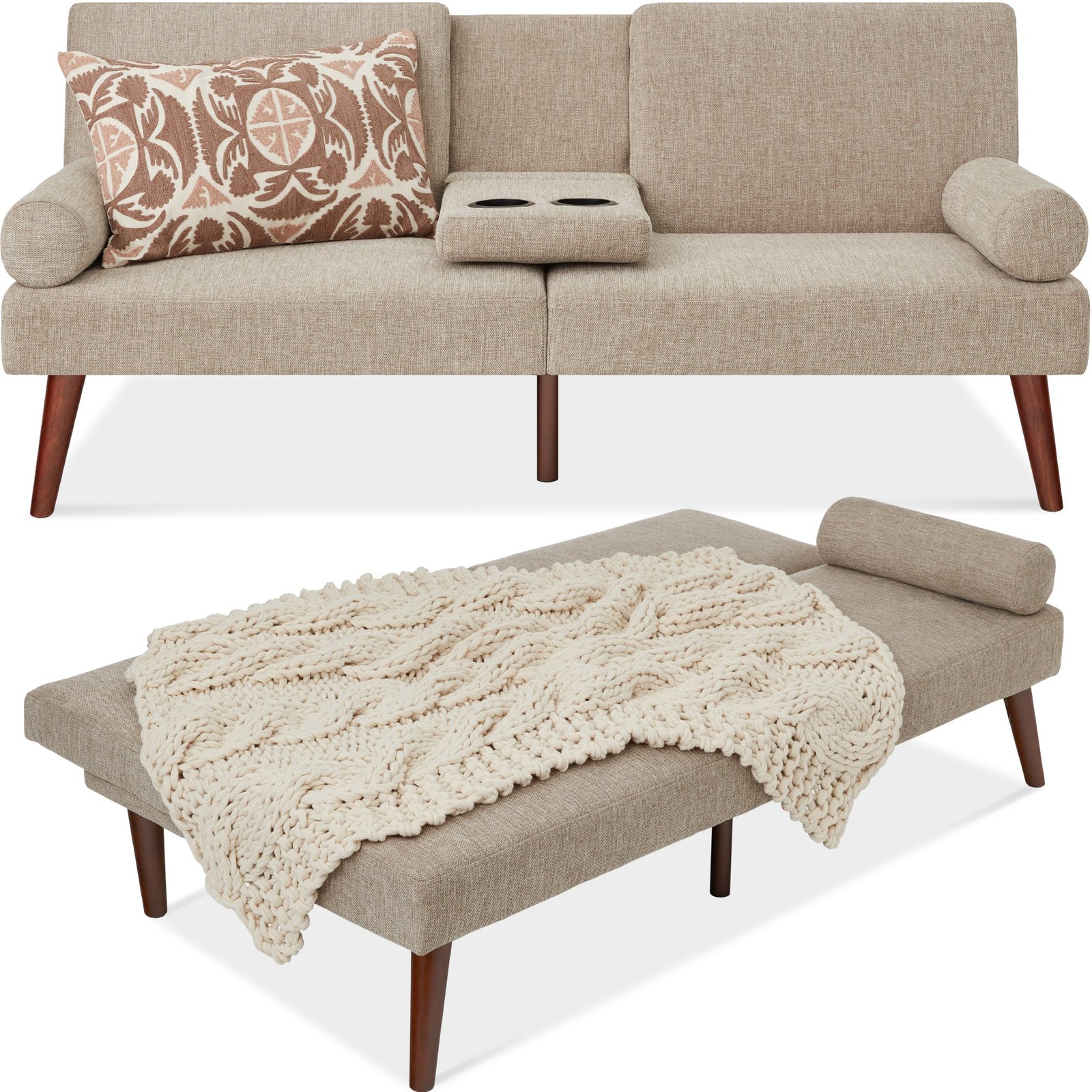 Fabric Upholstered Convertible Futon w/ Rounded Armrests. 2 Cupholders