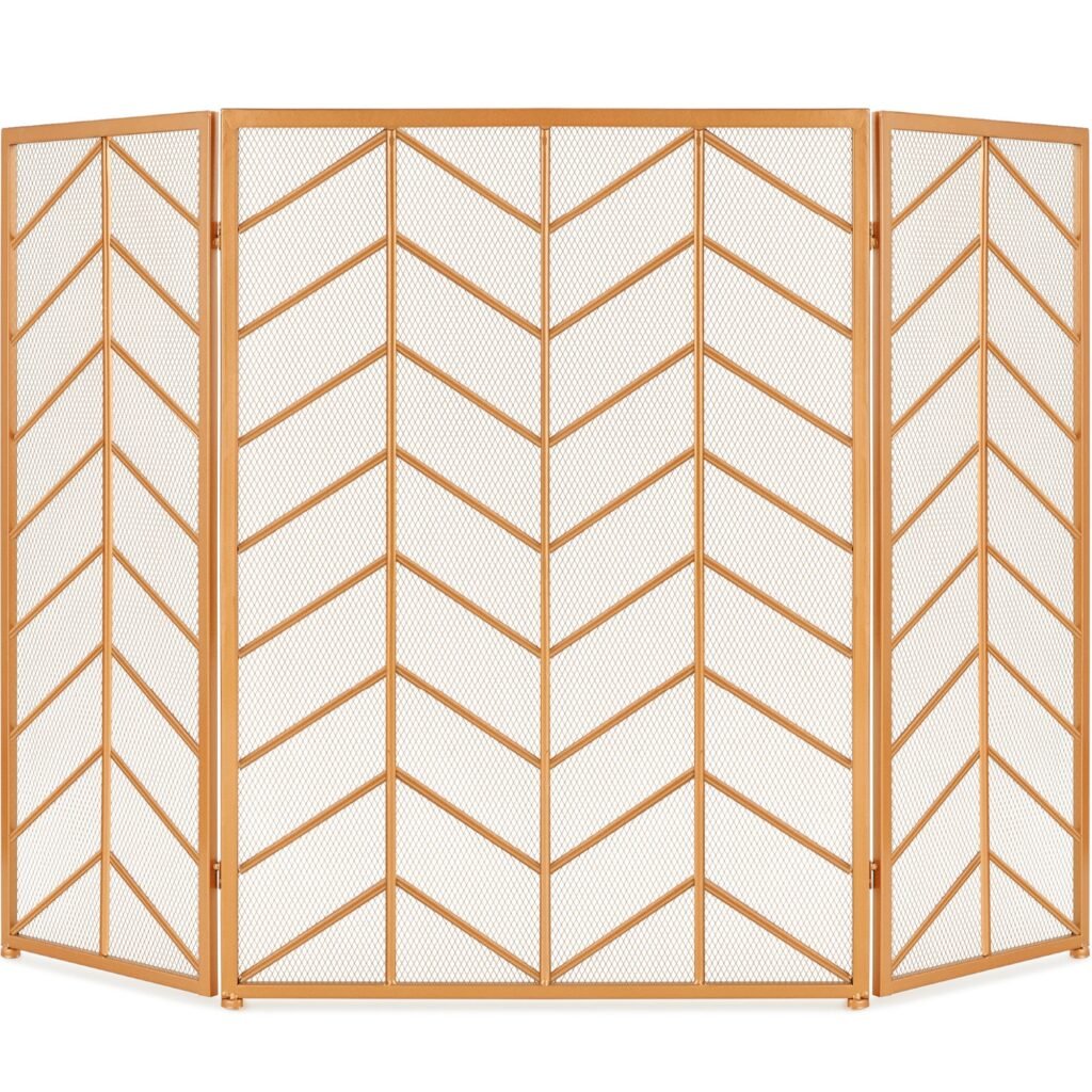 3-Panel Iron Chevron Fireplace Screen w/ Handles - 52x31in