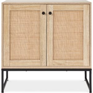 2-Door Rattan Storage Cabinet Accent Furniture for Living Room w/ Foot Pads
