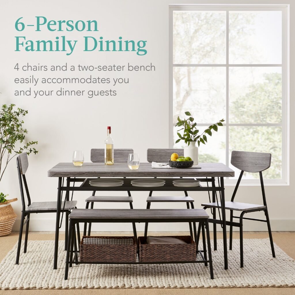 6-Piece Modern Dining Set w/ Storage Racks. Table. Bench. 4 Chairs - 55in