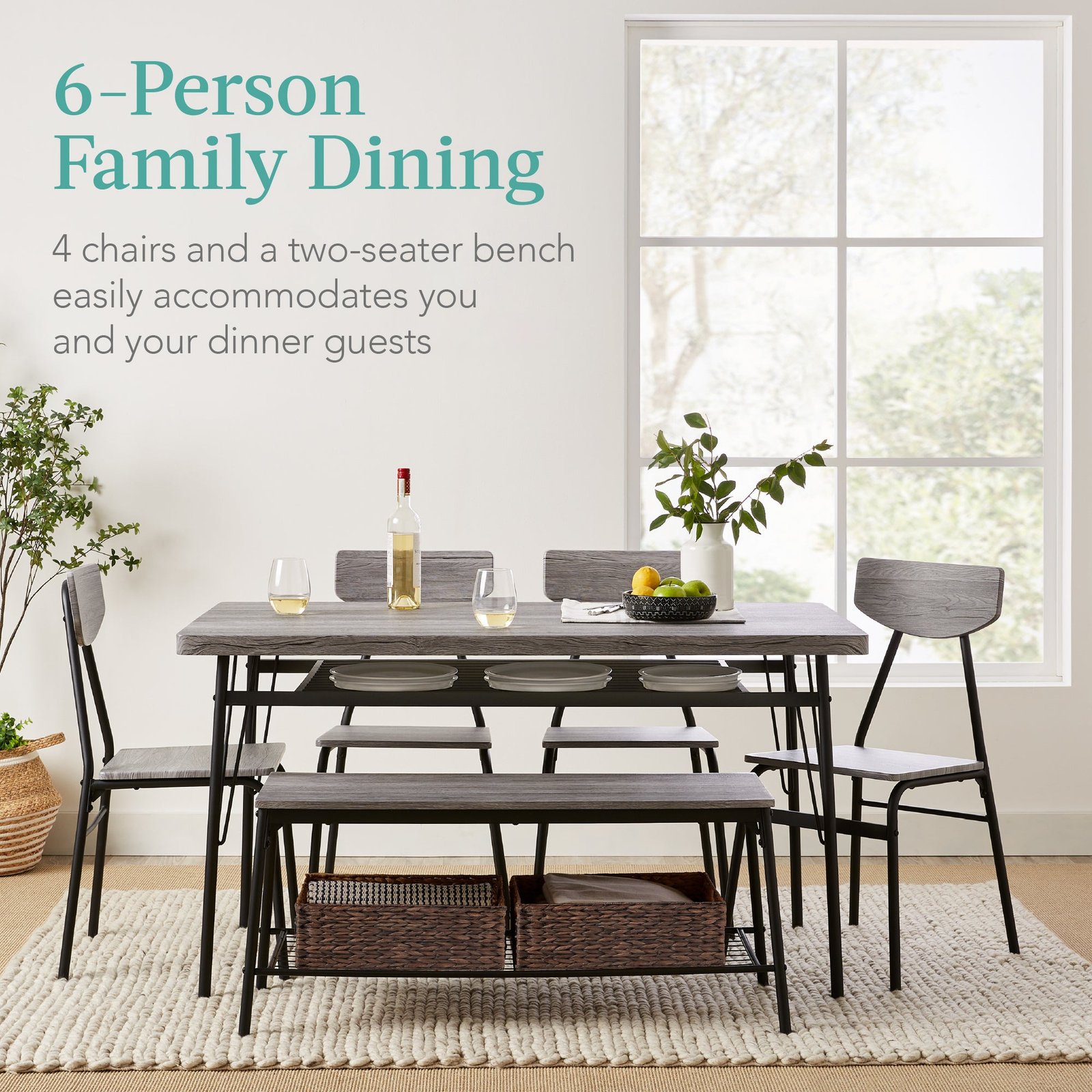 6-Piece Modern Dining Set w/ Storage Racks. Table. Bench. 4 Chairs - 55in