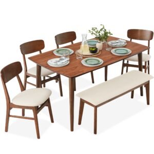 6-Piece Mid-Century Modern Upholstered Wooden Dining Set w/ 4 Chairs. Bench