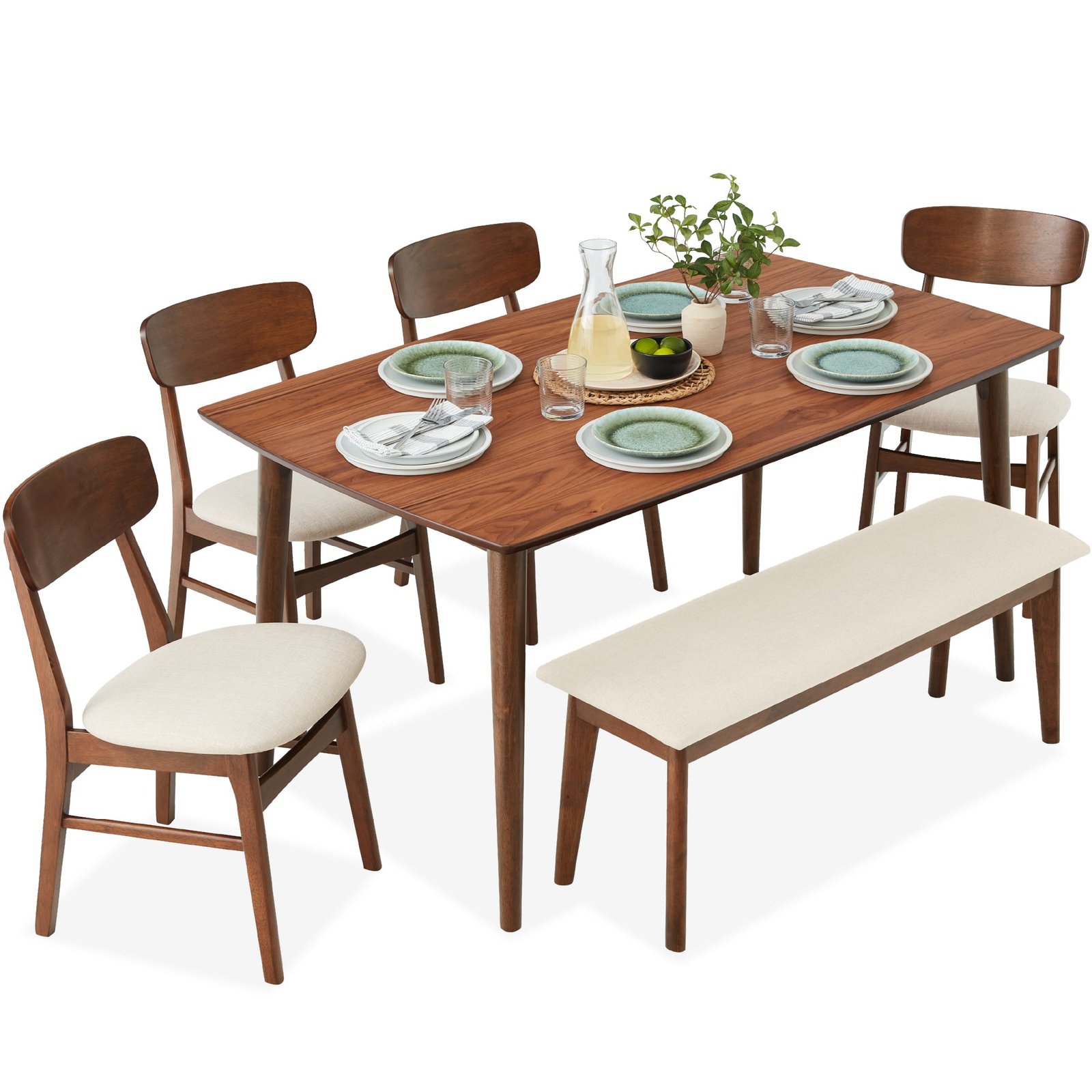 6-Piece Mid-Century Modern Upholstered Wooden Dining Set w/ 4 Chairs. Bench
