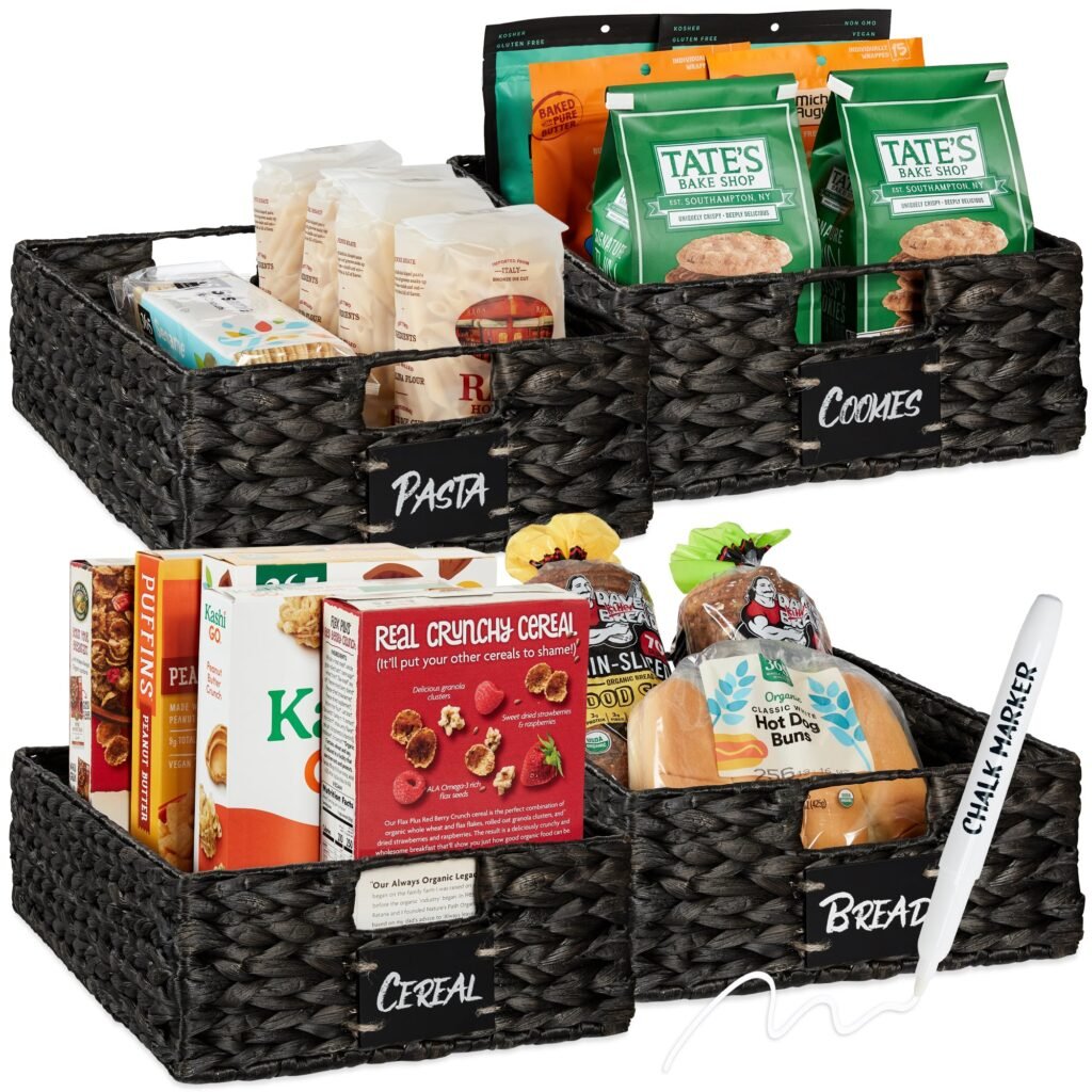 Set of 4 Water Hyacinth Pantry Baskets w/ Chalkboard. Chalk Marker