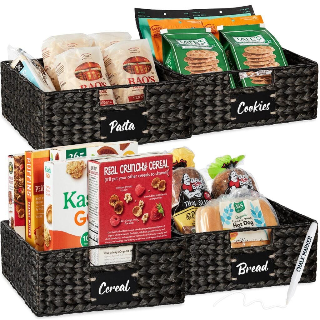 Set of 4 Water Hyacinth Pantry Baskets w/ Chalkboard. Marker - 13in