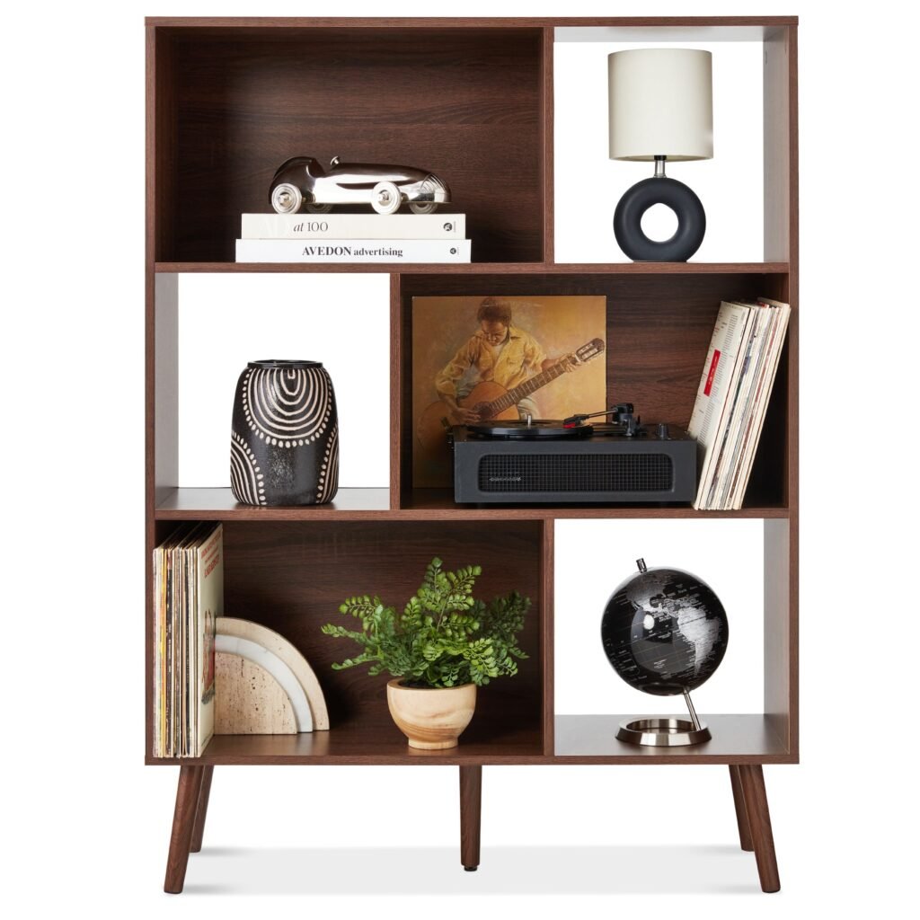 3-Tier Mid-Century Modern Wooden Bookcase w/ 3 Back Panels. Offset Legs
