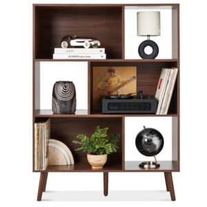 3-Tier Mid-Century Modern Wooden Bookcase w/ 3 Back Panels. Offset Legs